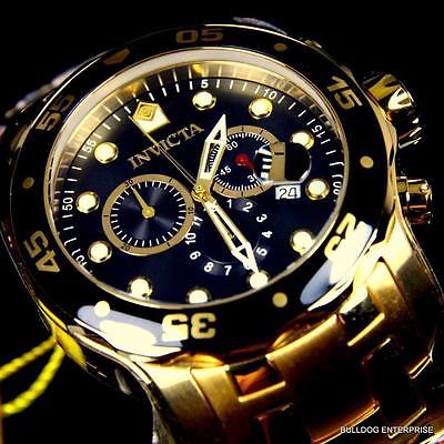 Men's Invicta Pro Diver Scuba Black Gold Plated Steel Chronograph 48mm Watch New