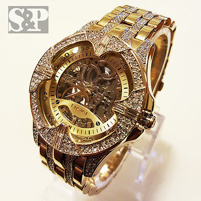 Elgin Iced Out Mens Skeleton Automatic Gold Plated Luxury Crystal Wrist Watch