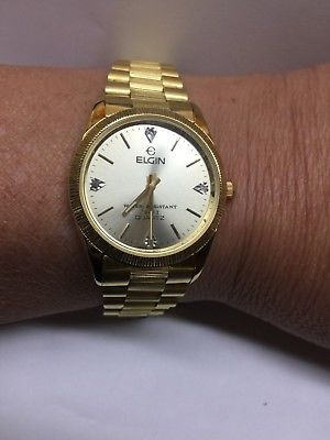 Vintage Gold Tone Elgin Mens Quartz Wrist Watch With Gems-New Battery-Working!