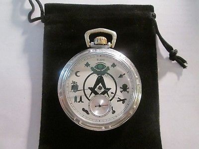 1907 16S Elgin 15J Pocket Watch Nice Green/white Masonic Theme Dial Runs Well.