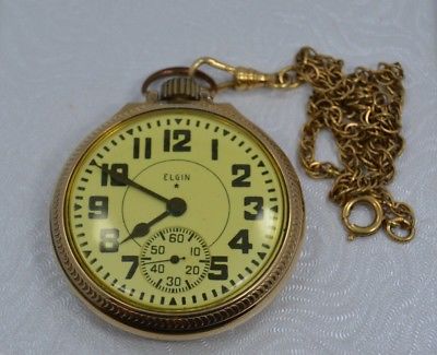 Antique Gold Tone ELGIN B.W. Raymond 21 Jewels Pocket Watch with G/F CHAIN #M