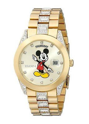 New Mens Elgin Disney Mickey Mouse Day Date Gold Tone Bracelet 45mm Watch