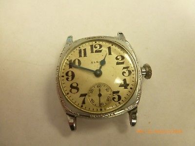 Vintage Elgin WWI Era Trench Military Cushion Case Manual Wind Watch Nice Dial