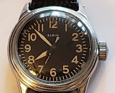 Very Clean! WWII Elgin Military BLACK DIAL Wristwatch Stainless Steel Type A-11
