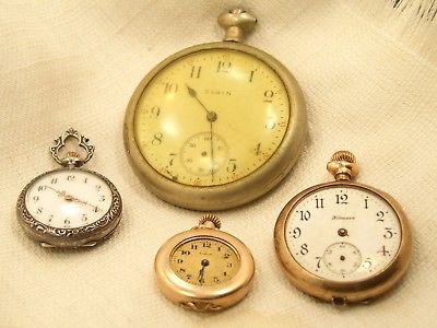Antique 14K Gold Filled GF & Sterling Elgin Illinois Pocket Watch Lot of 4