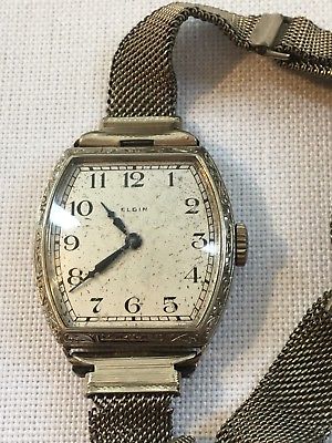 Vintage ELGIN Art Deco 14K White Gold Filled Wrist Watch Mesh Band Repair Refine