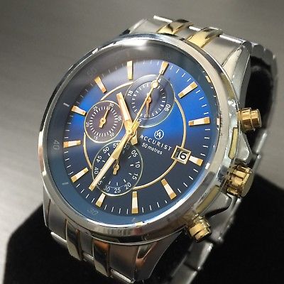 Mens Accurist Sports Chronograph Watch MB934N Blue Gold Steel Genuine