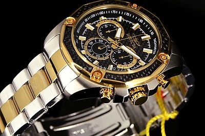 New Invicta Men's Aviator Black Carbon Fiber Chrono 2Tone Gold SS Bracelet Watch
