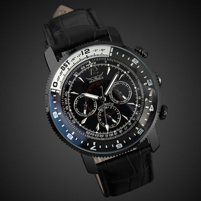 Men's Aviator Mechanical Self-winding Watch Black Leather Auto Analog 6 Hands