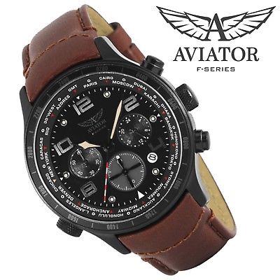 AVIATOR Military Army Mens Wrist Watch Aviation Pilot Gift Brown Band Cronograph