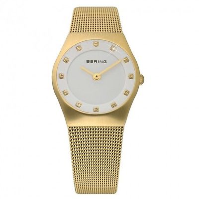 Bering Time White Dial Gold-Tone Mesh SS Quartz Ladies Watch 11927-334