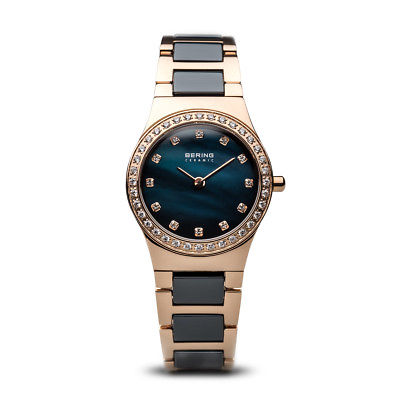 BERING Ceramic 26mm Polished Rose Gold Crystals Blue Dial Womens Watch 32426-767