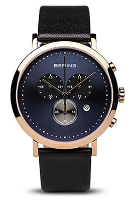 Bering Men's Classic Chronograph Rose Gold Tone Black Leather Watch 10540-567