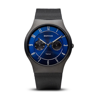 BERING Titanium 39mm Brushed Black Case Blue Dial Mens Watch 11939-078