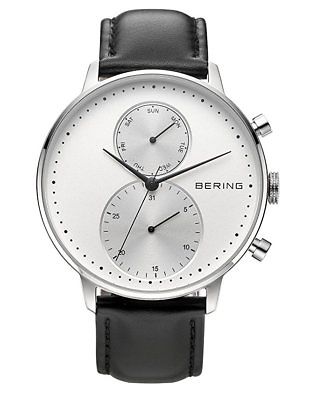 BERING 13242-404 Classic Day/Date 42mm Mens Watch White Dial Black Leather Strap