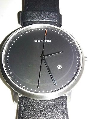 BERING Time Men's Black Leather Strap Sapphire Crystal Date Watch 11139-402