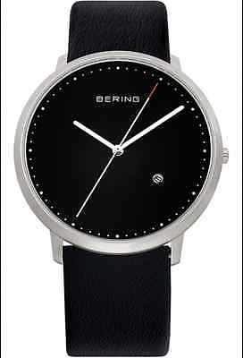 BERING Time Men's Black Leather Strap Sapphire Crystal Date Watch 11139-402