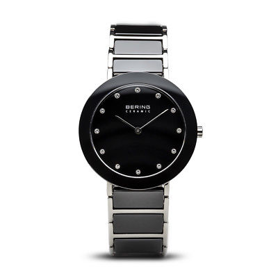 BERING Ceramic 35mm Polished Silver Case Black Dial Womens Watch 11435-749