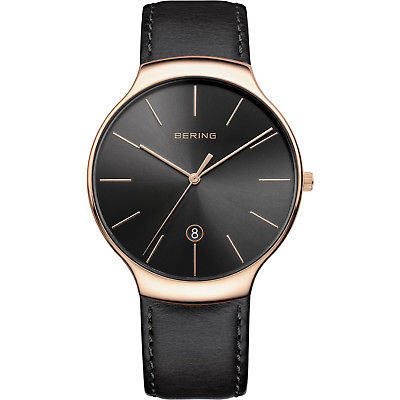 BERING 13338-462 Mens Watch Integrated Black Leather Strap Polished Rose Gold
