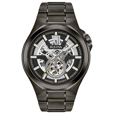 Bulova Men's Automatic Skeleton Dial Black Grey Bracelet 46mm Watch 98A179