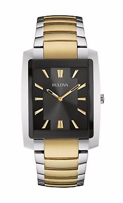 Bulova Classic Men's 98A149 Quartz Rectangle Case Black Dial Two-Tone 35mm Watch