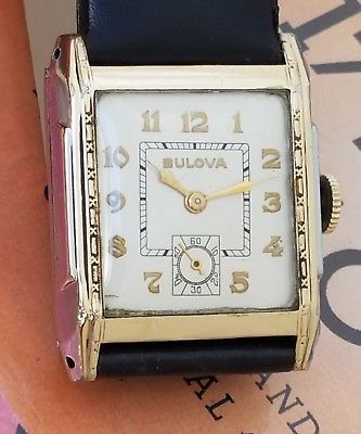 QB02 EYE CATCHING STYLE '33 MENS BULOVA 34mm CHASED STEPPED DECO GOLD FILL WATCH