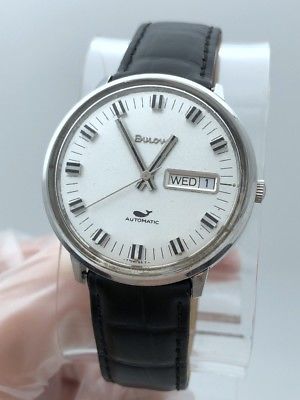 1970 BULOVA STAINLESS STEEL LARGE 37mm CASE AUTOMATIC DAY DATE WHALE RUNS STRONG