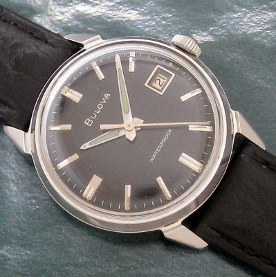 Mens 1960s Bulova Sea King DATE Black Dial Stainless Steel 17j USA Vintage Watch