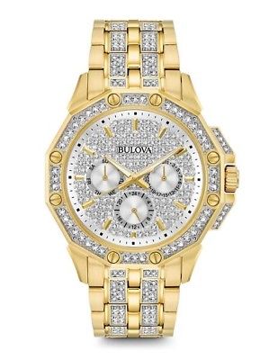 Bulova 98C126 Gold Stainless Steel Swarovski Crystal Men's Watch NWT