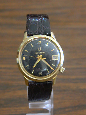 BULOVA ACCUTRON 10K TUNING FORK MENS WATCH RGP BLACK DIAL N6 - 1976 NEW BAT RUNS