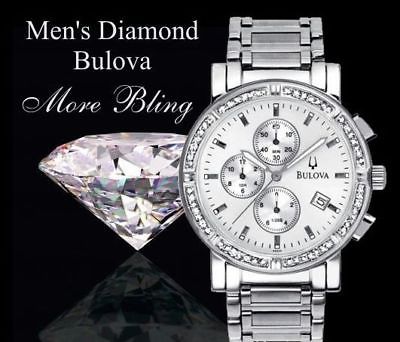 BULOVA $675 MENS DAZZLING DIAMOND CHRONOGRAPH & DATE STAINLESS STEEL WATCH 96E03