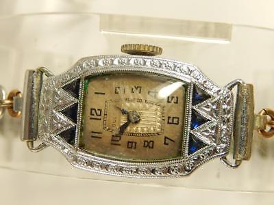 BULOVA 6AP 15j Ladies WRISTWATCH 14k White GF SAPPHIRE Ornate Working Antique