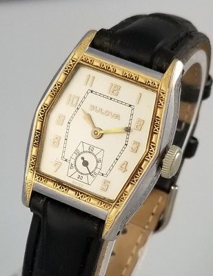 1920�s VINTAGE BULOVA ART DECO 10AN MENS WRIST WATCH � FANCY GOLD INLAID CASE